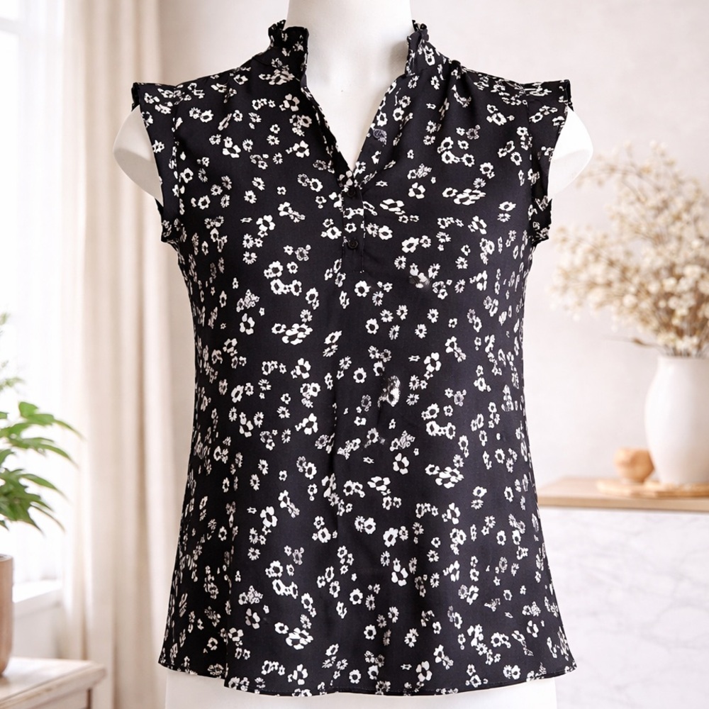 Tamara H Navy Blue Floral Blouse | Ruffle Collar Sleeveless Top